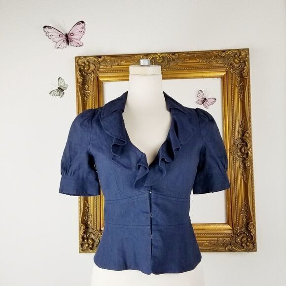 Rebecca Taylor navy blue linen ruffled jacket - Picture 1 of 5